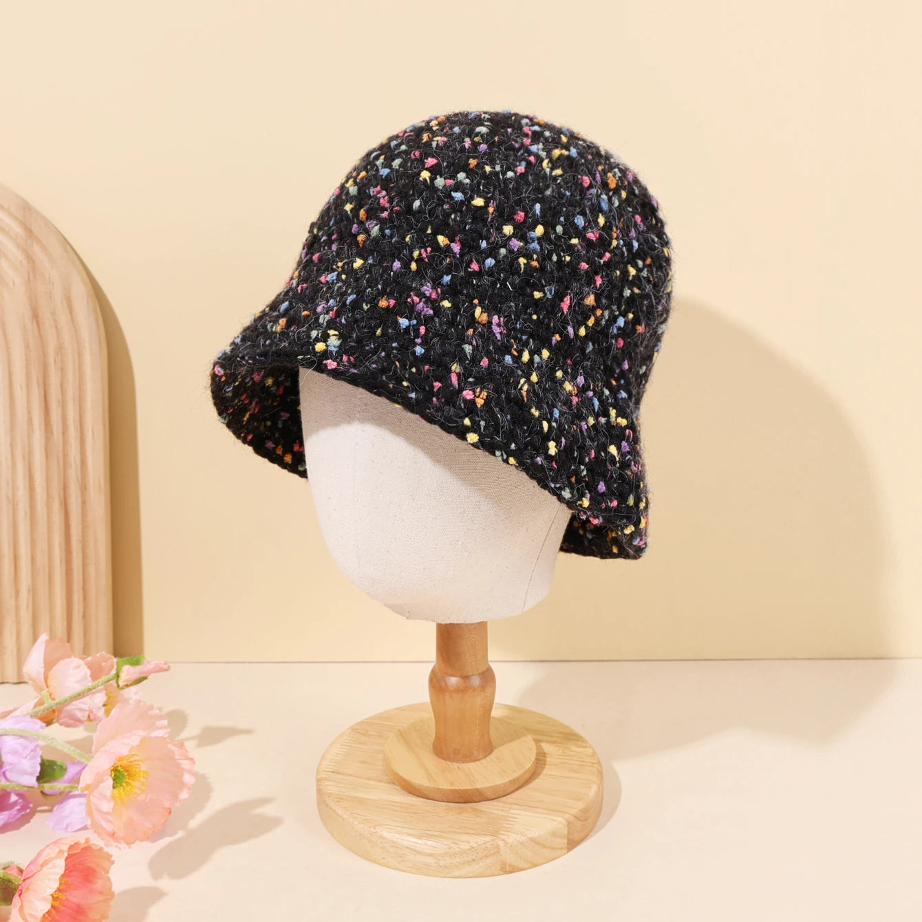 Colorful Knitted Bucket Hat Women Autumn Winter