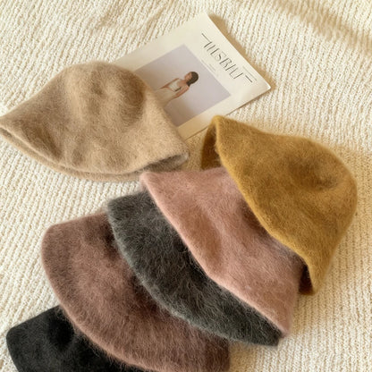 Korean Angora Rabbit Fur Winter Bucket Hat