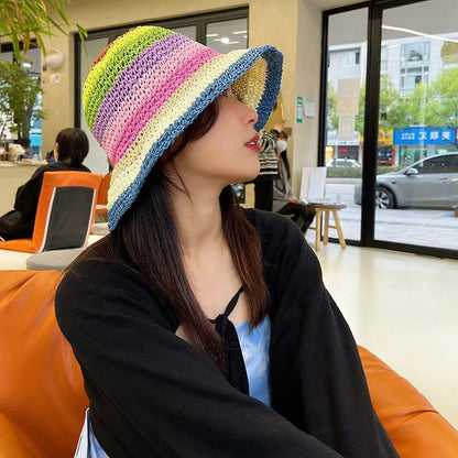 Summer Rainbow Striped Crochet Foldable Bucket Hat