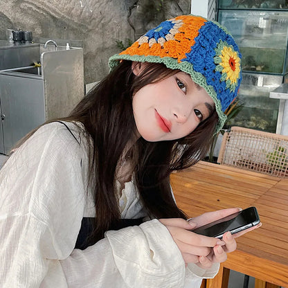 Korean Patchwork Handwoven Knitted Crochet Women Bucket Hat
