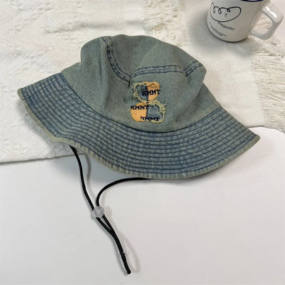 Japanese Style Big Brim Embroidered Denim Bucket Hat