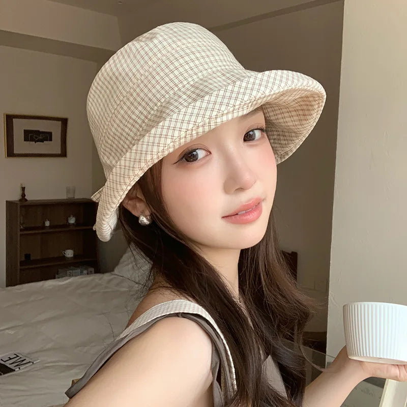 Korean Plaid Foldable Big Brim Summer Bucket Hat