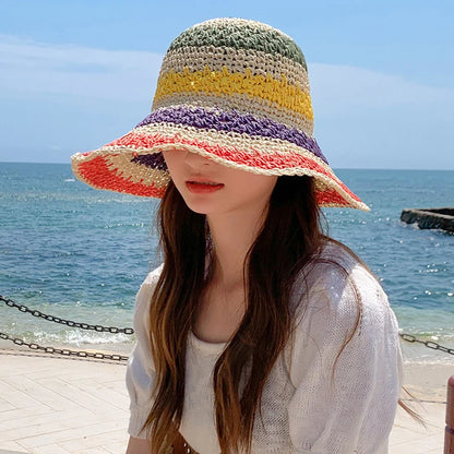 Rainbow Crochet Straw Summer Bucket Hat
