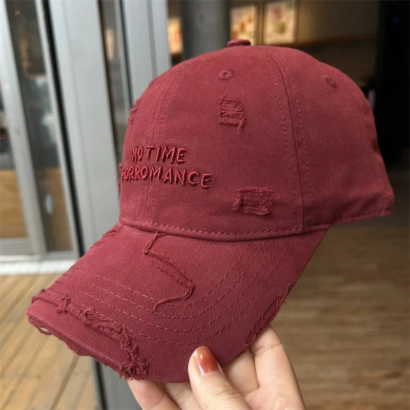 Distressed Script Embroidery Washed Cotton Baseball Cap