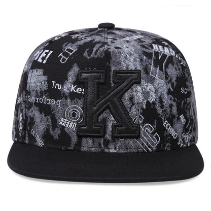 Unisex Letter K 3D Embroidery Flat Brim Hip Hop Baseball Cap