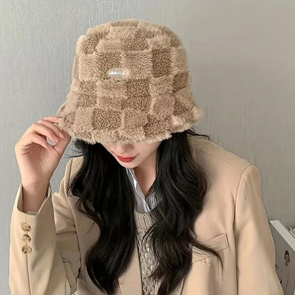 Lamb Plaid Velvet Winter Bucket Hat