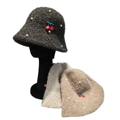 Pearl Cherry Lamb Wool Winter Bucket Hat
