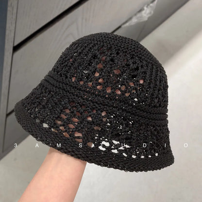 Niche Design Solid Color Hollow Knitted Bucket Hat