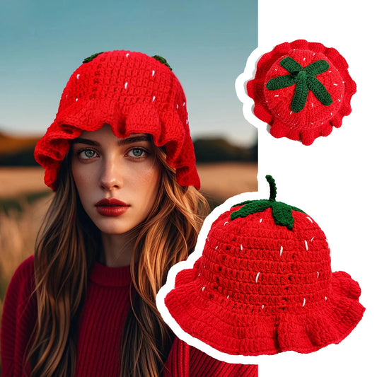 3D Strawberry Crochet Ruffle Bucket Hat