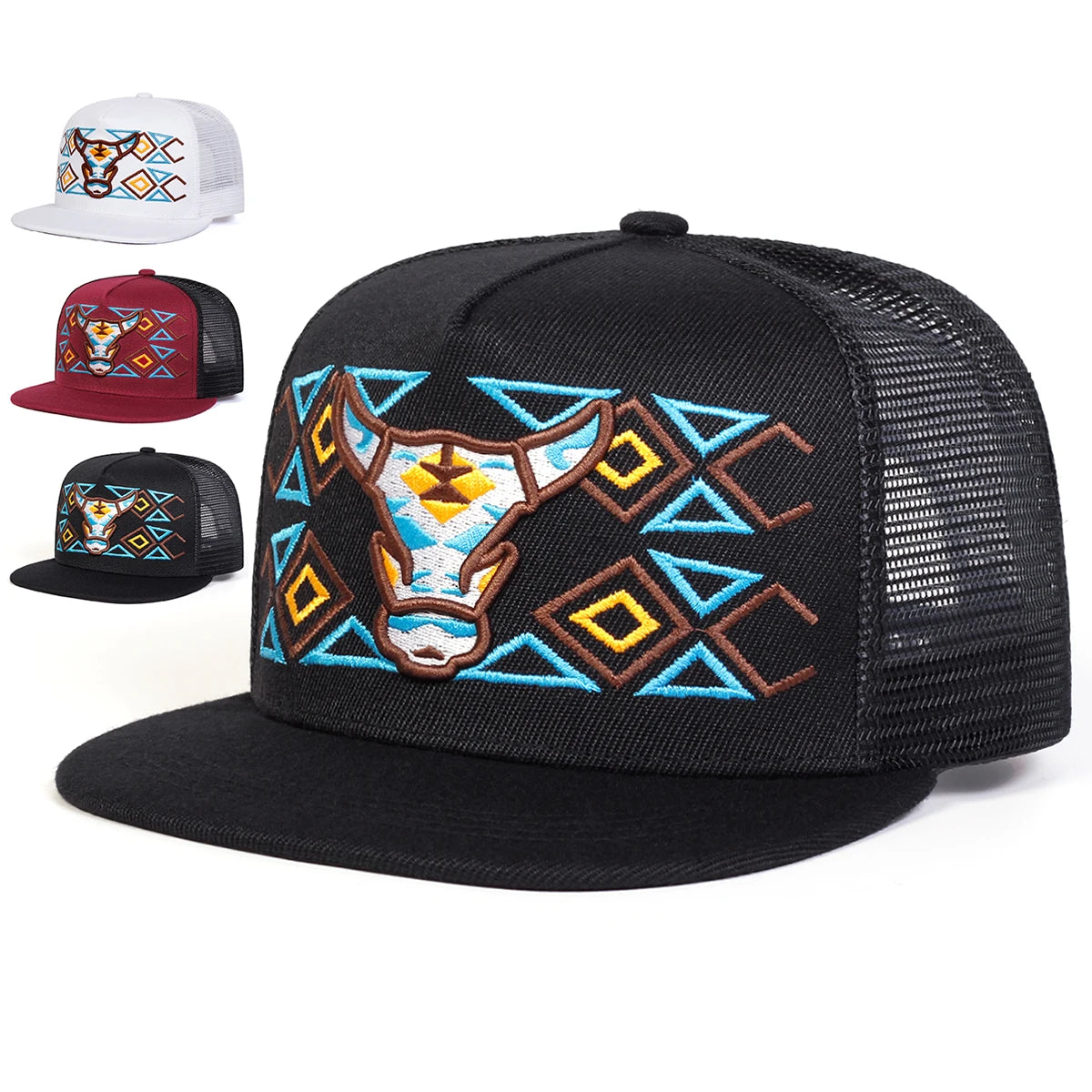 Unisex Ox Head Embroidery Hip-hop Net Hats