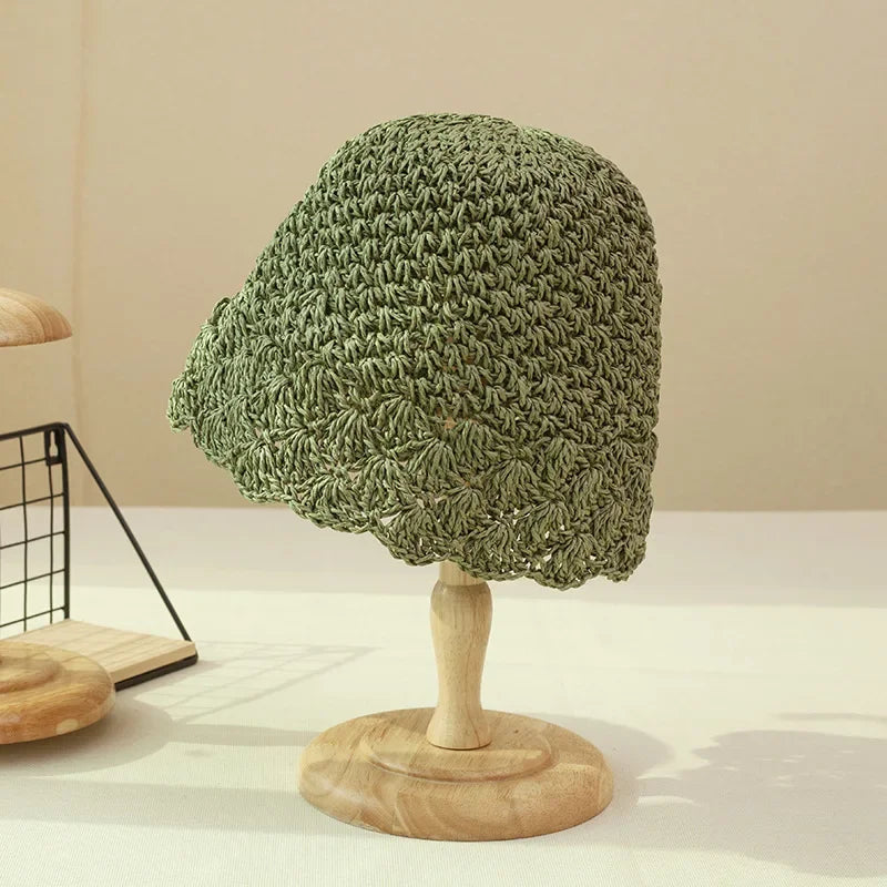 Women Retro Handmade Straw Travel Beach Bucket Hat