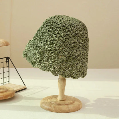 Women Retro Handmade Straw Travel Beach Bucket Hat