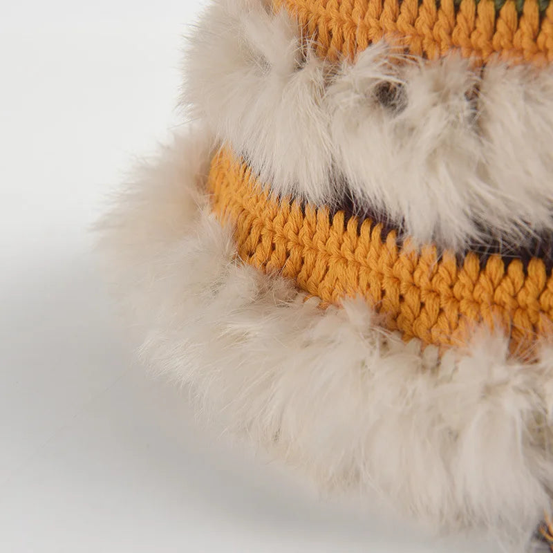 Rabbit Fur Crochet Color Block Earflap Bucket Hat