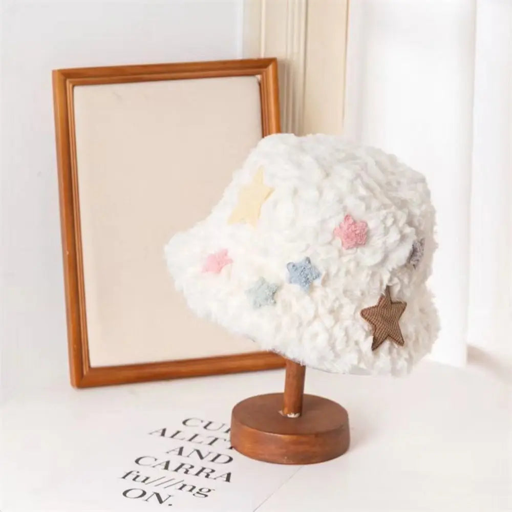 Star Plush Bucket Hat Women Autumn Winter