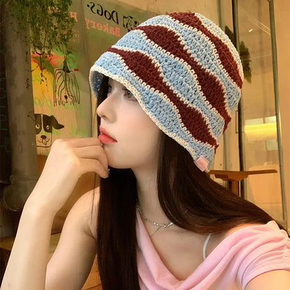 Handmade Knitted Striped Crochet Outdoor Bucket Hat