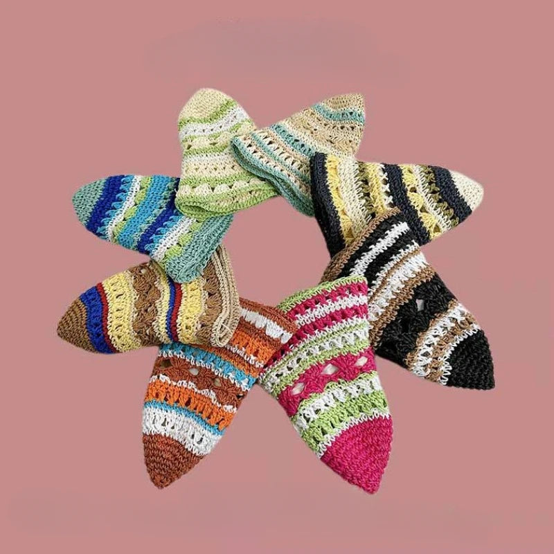 Seaside Colorful Striped Hollow Straw Bucket Hat