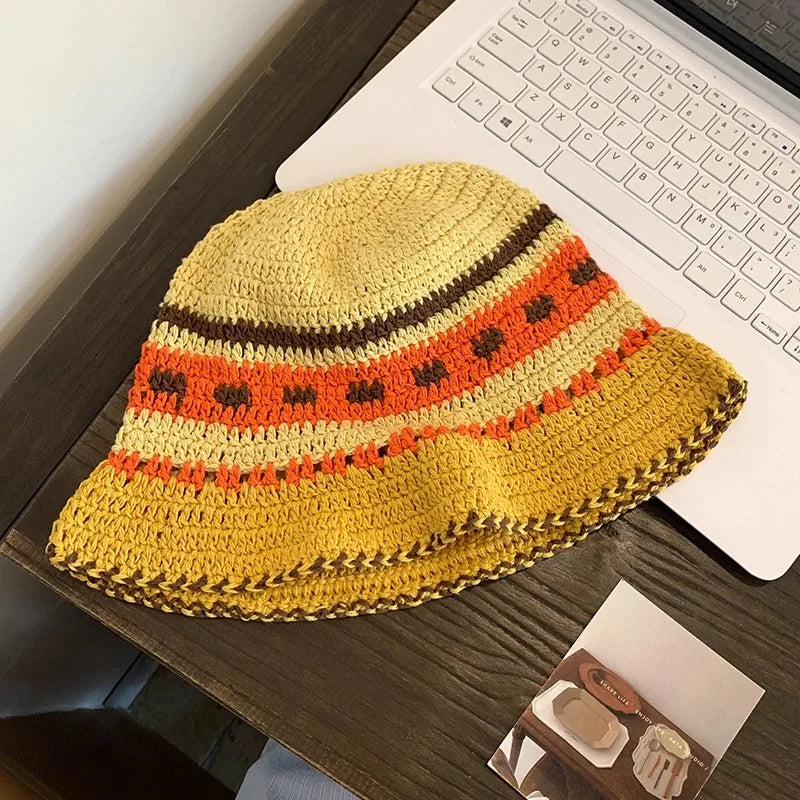 Ins Retro Contrasting Striped Versatile Bucket Hat