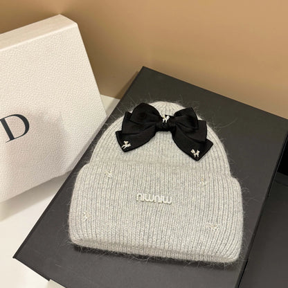 Luxury Rabbit Fur Knit Winter Beanie with Bow