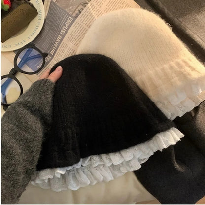 Women's Knitted Lace Trim Bucket Hat
