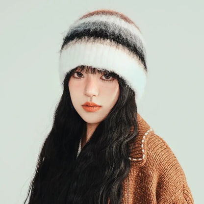 Gradient Stripe Wool Beanie Women Winter
