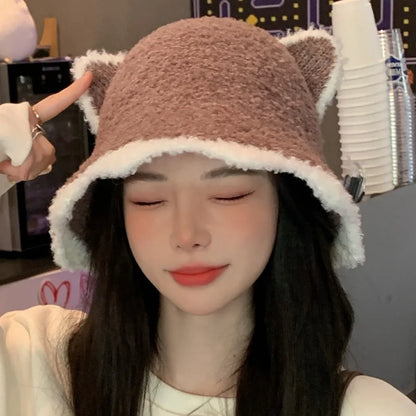 Plush Knit Cat Ears Bucket Hat