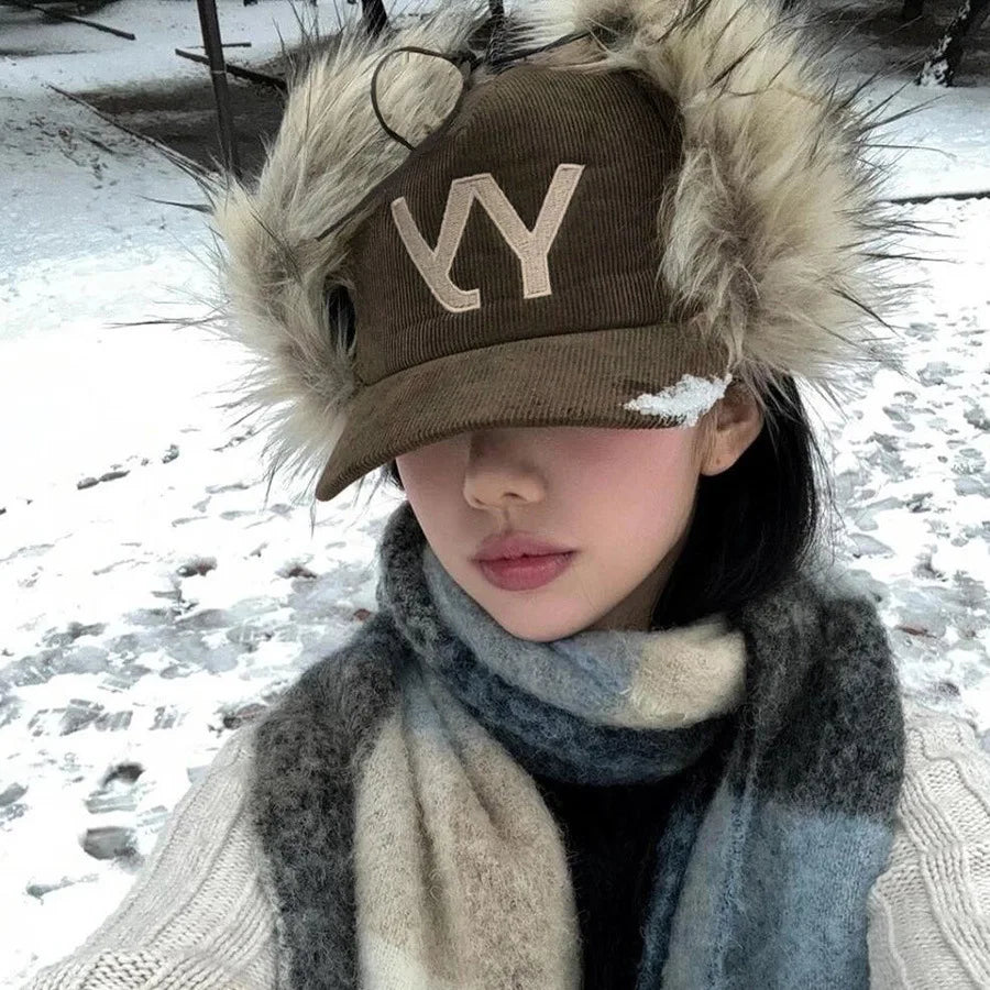 YY Embroidery Corduroy Fleece Winter Baseball Cap
