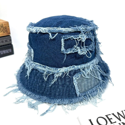 Korean Washed Denim Tassel Brim Bucket Hat