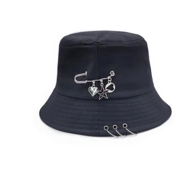 Black Metal Ring Foldable Bucket Hat Unisex