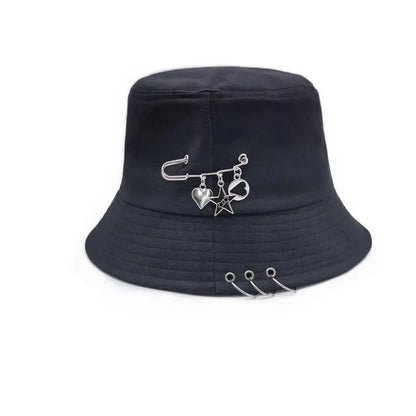 Black Metal Ring Foldable Bucket Hat Unisex