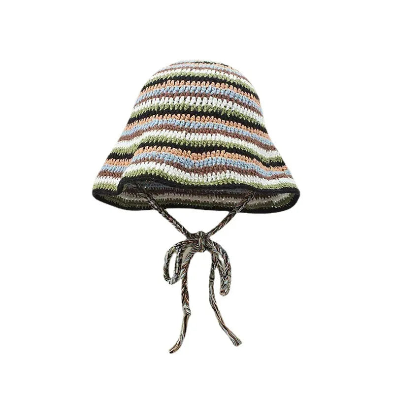 Large Size Contrasting Striped Crochet Hollow Bucket Hat