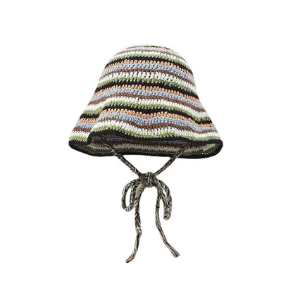 Large Size Contrasting Striped Crochet Hollow Bucket Hat
