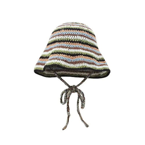 Large Size Contrasting Striped Crochet Hollow Bucket Hat