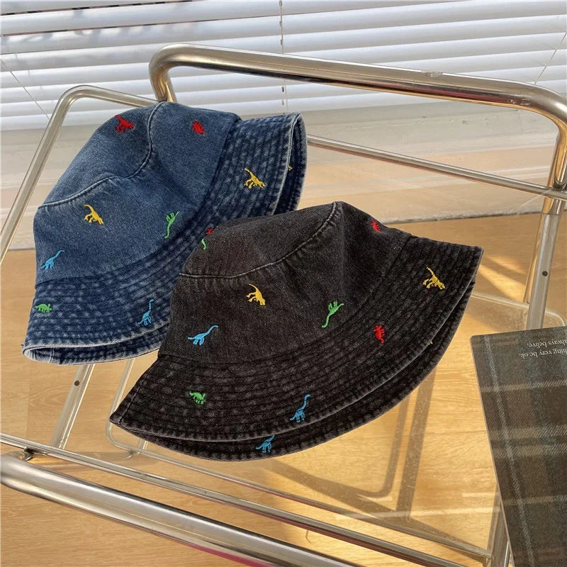 Cute Dinosaur Embroidery Denim Bucket Hat
