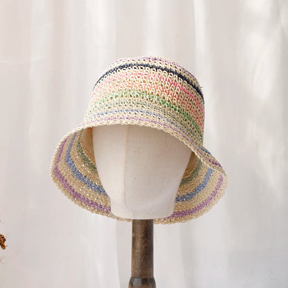 Women Rainbow Straw Crochet Sun Bucket Hat