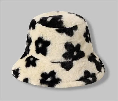 Floral Plush Furry Warm Winter Bucket Hat