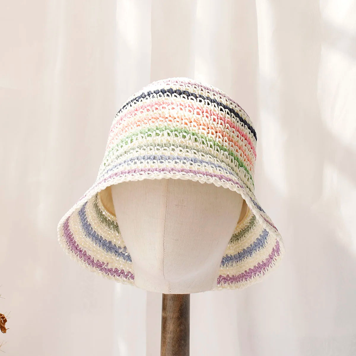 Women Rainbow Straw Crochet Sun Bucket Hat