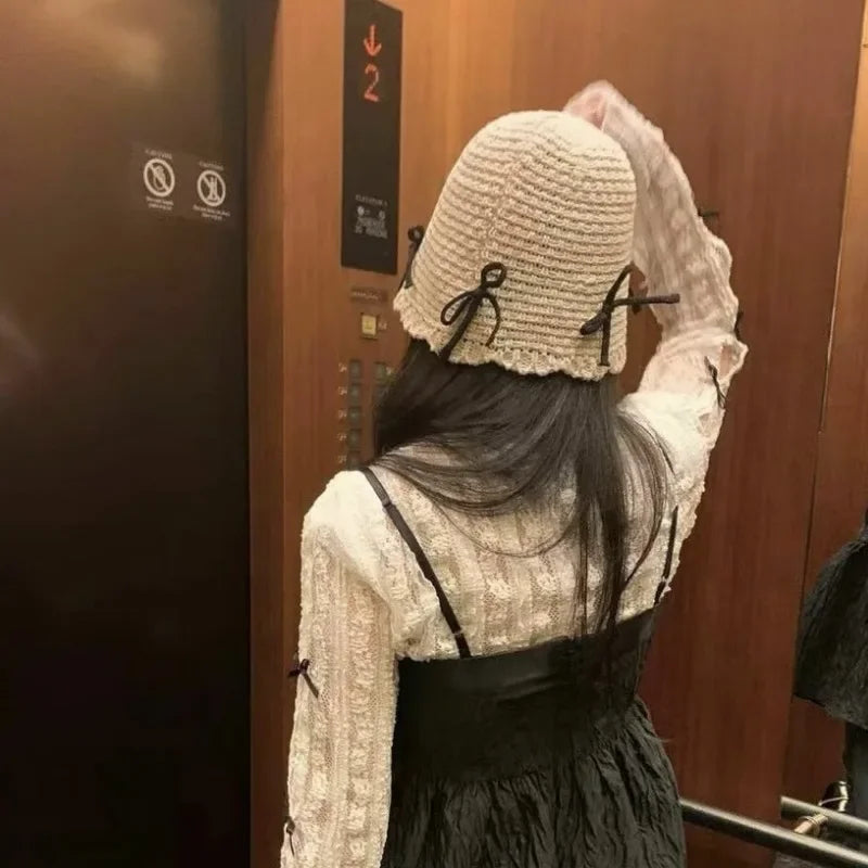 Korean Ins Bow Sweet Straw Summer Bucket Hat