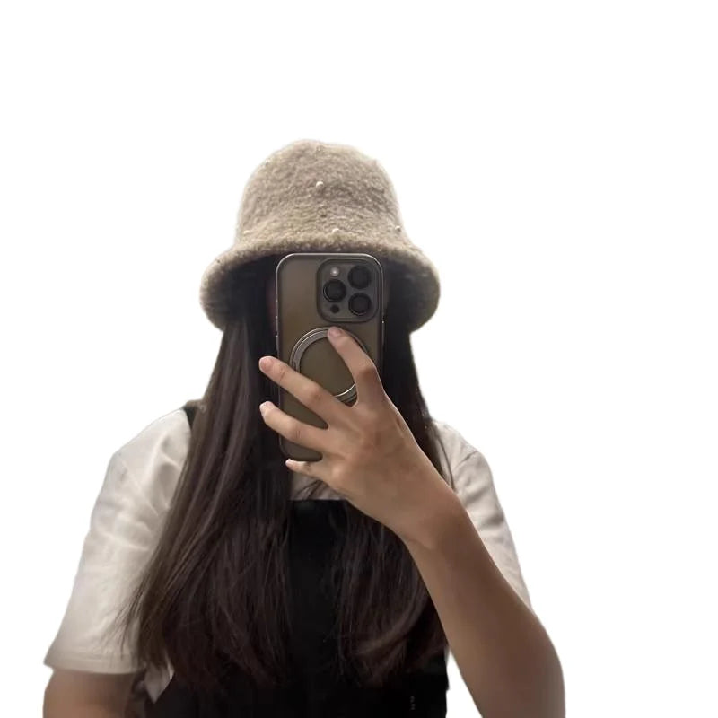Pearl Rhinestone Plush Winter Bucket Hat for Women
