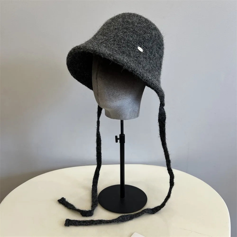 Wool Blend Rope Back Knitted Bucket Hat
