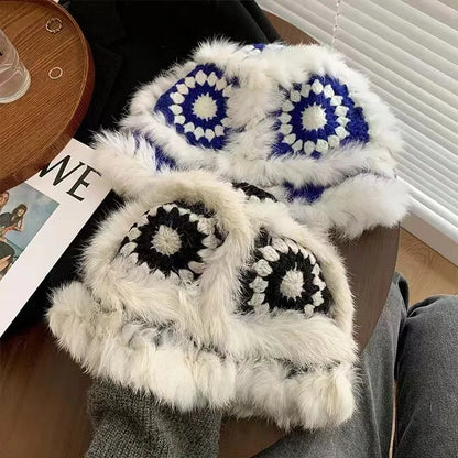 Women Rabbit Fur Crochet Winter Bucket Hat