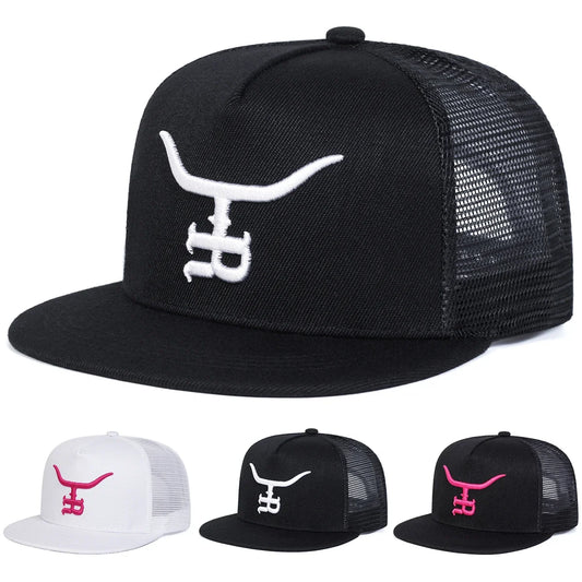 Unisex Bull Head Letter Embroidered Mesh Snapback Cap