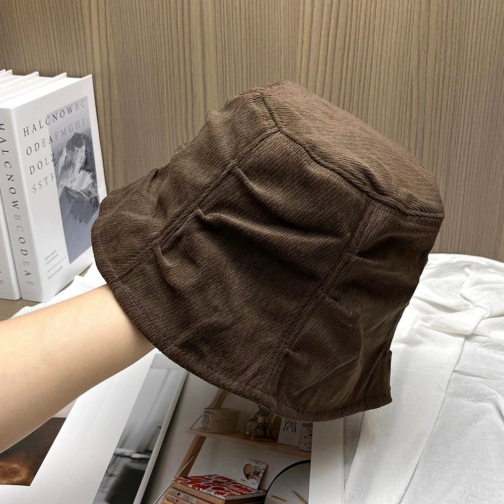 Korean Corduroy Warm Elastic Bucket Hat With Back Slit