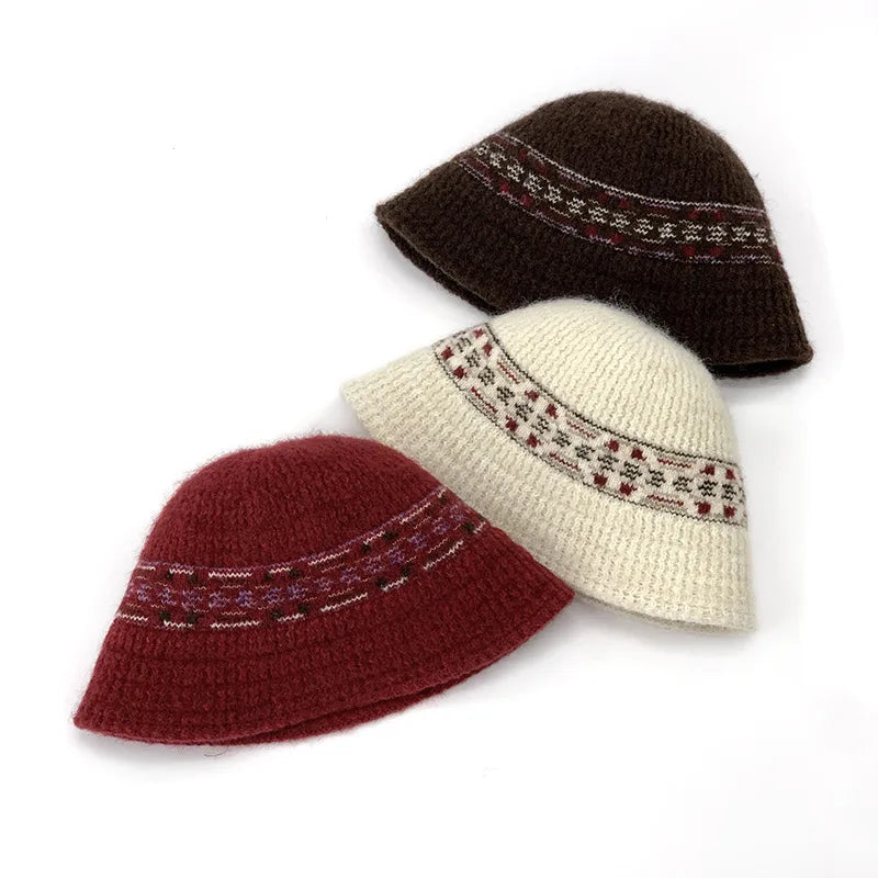 Ethnic Knitted Autumn Winter Bucket Hat Versatile Street Style