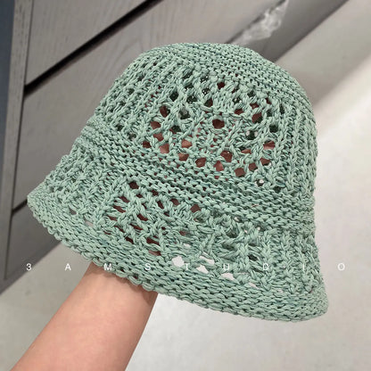 Niche Design Solid Color Hollow Knitted Bucket Hat