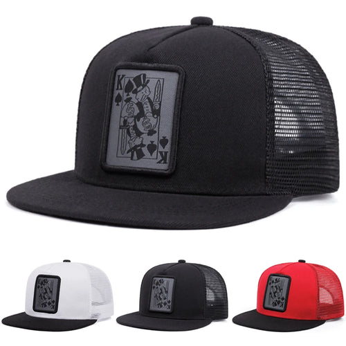 Poker K Embroidered Flat Brim Mesh Baseball Hat
