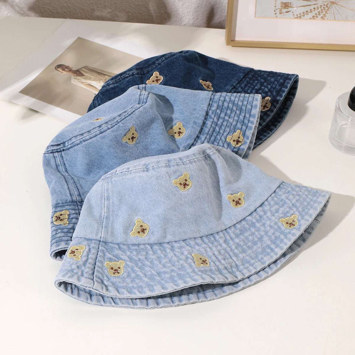 Japanese Bear Embroidered Retro Fisherman Bucket Hat