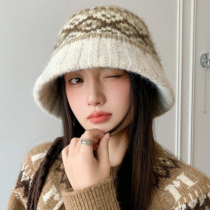 Winter Warm Wool Knitted Retro Women Bucket Hat