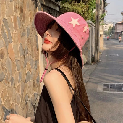 Pink Star Print Retro Korean Denim Bucket Hat