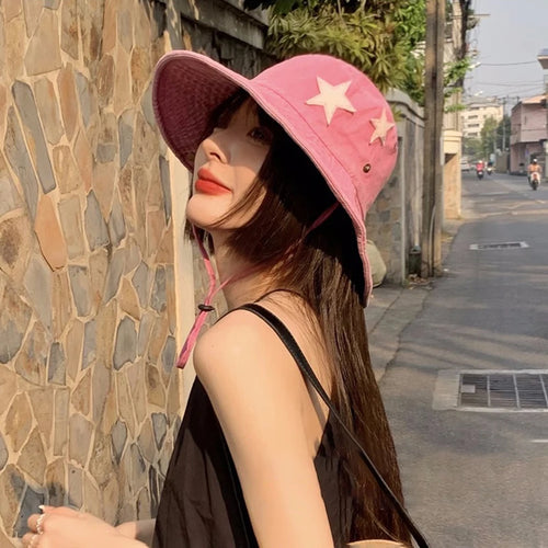 Pink Star Print Retro Korean Denim Bucket Hat