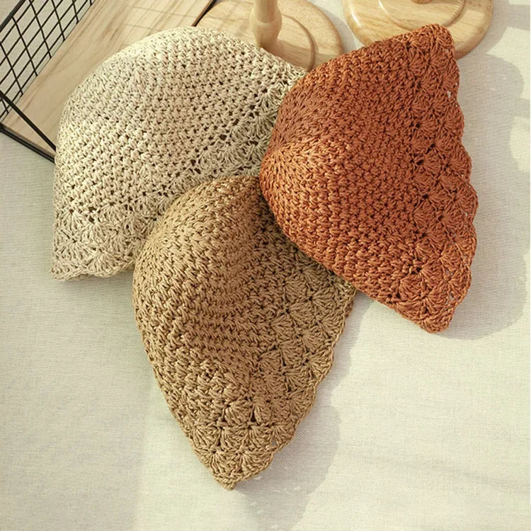 Women Retro Handmade Straw Travel Beach Bucket Hat